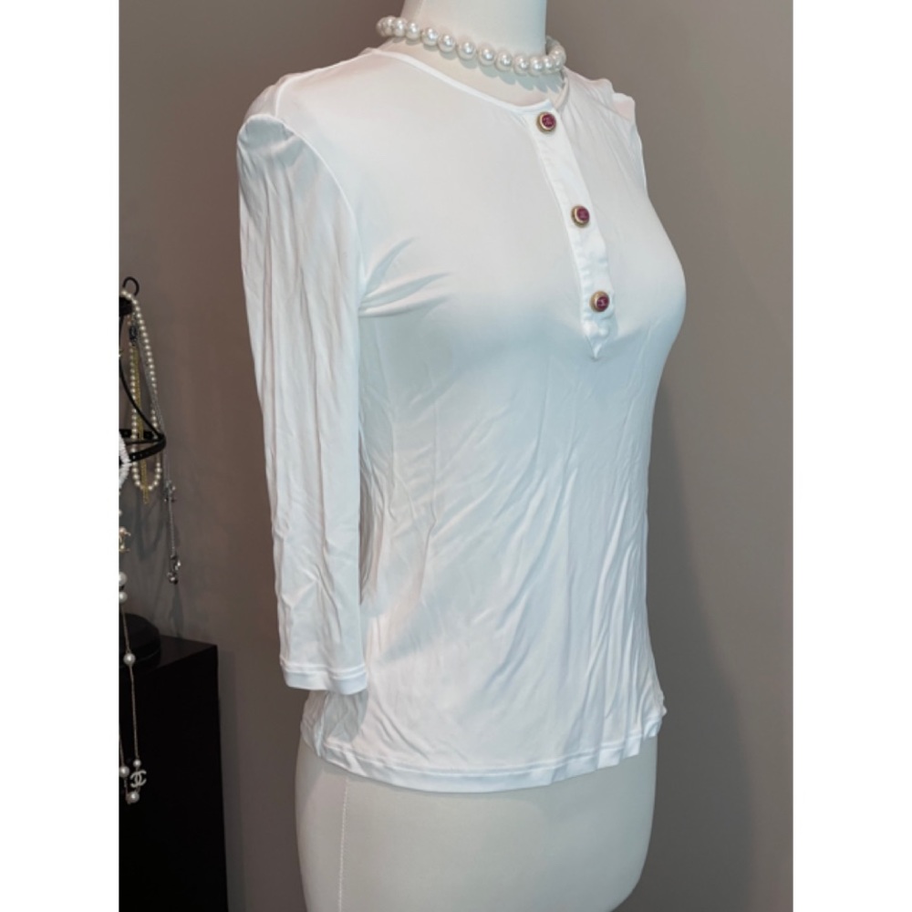 Chanel Cc Logo Button White Jersey Blouse Top Shi… - image 6